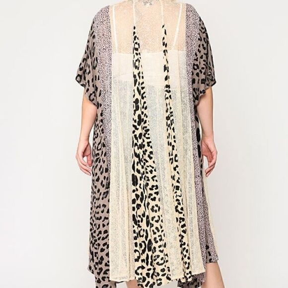 NEW! Gorgeous PLUS Animal Print and Lace Sheer Long Kimono Duster Kaftan Boho - Picture 3 of 6
